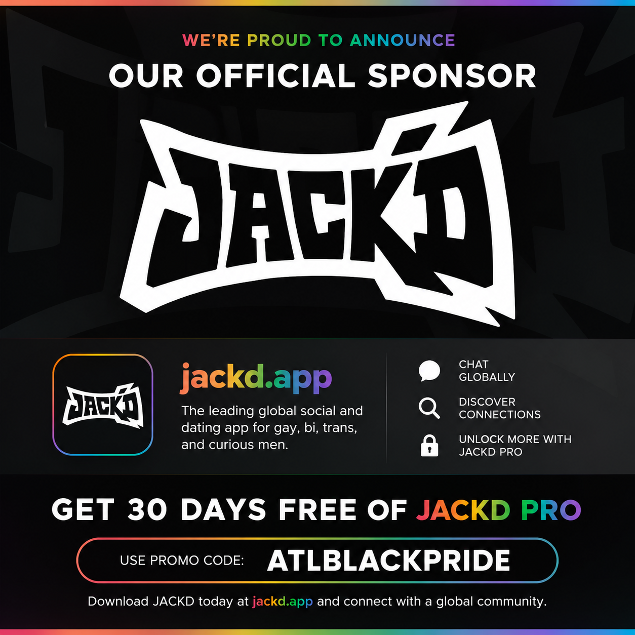 Jack’d, the official sponsor of Official Pride Fest, offering 30 days free of Jack’d Pro with promo code ATLBLACKPRIDE